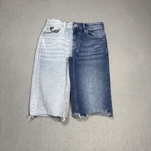 Guess Denim Shorts Size 14 Two Tone Patchwork Raw Hem Stretch Retro Y2K Frayed